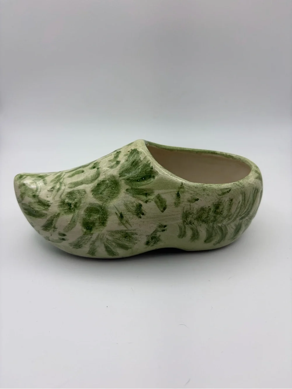 Vintage Ceramic Dutch Clog Shoe Figurine Green Floral Hand Painted 6” Decor